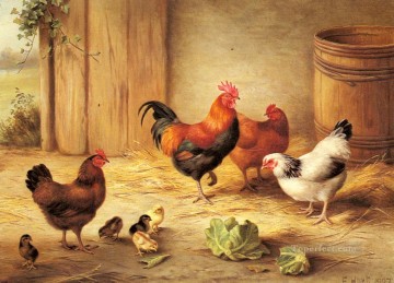  Edgar Peintre - Poulets dans une ferme de basse cour animaux Edgar Hunt
